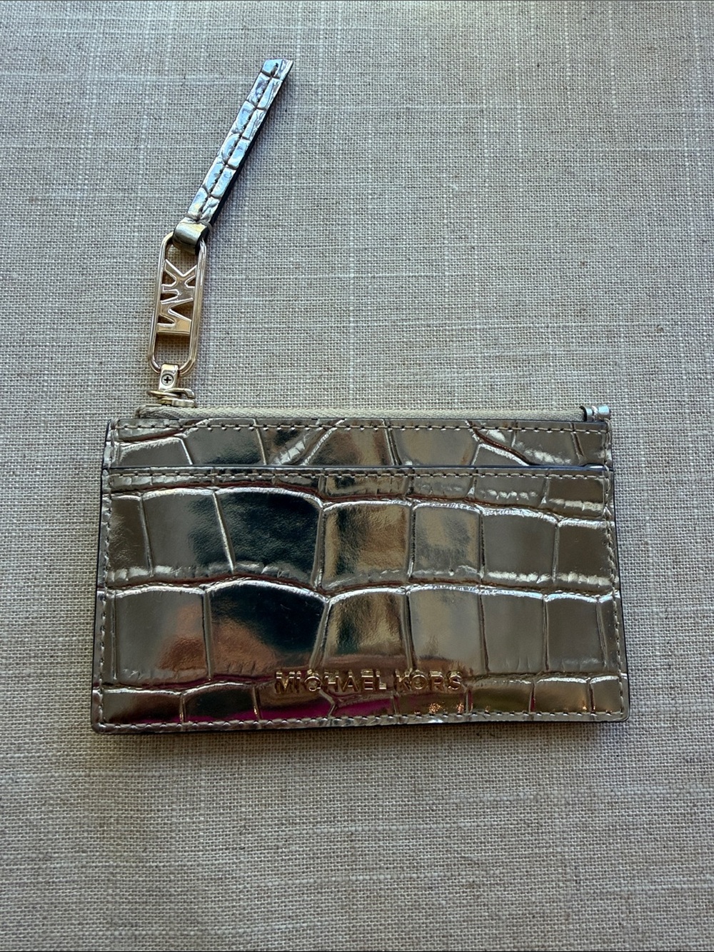Michael Kors Metallic Croc-Embossed Card Case Wallet - Gold